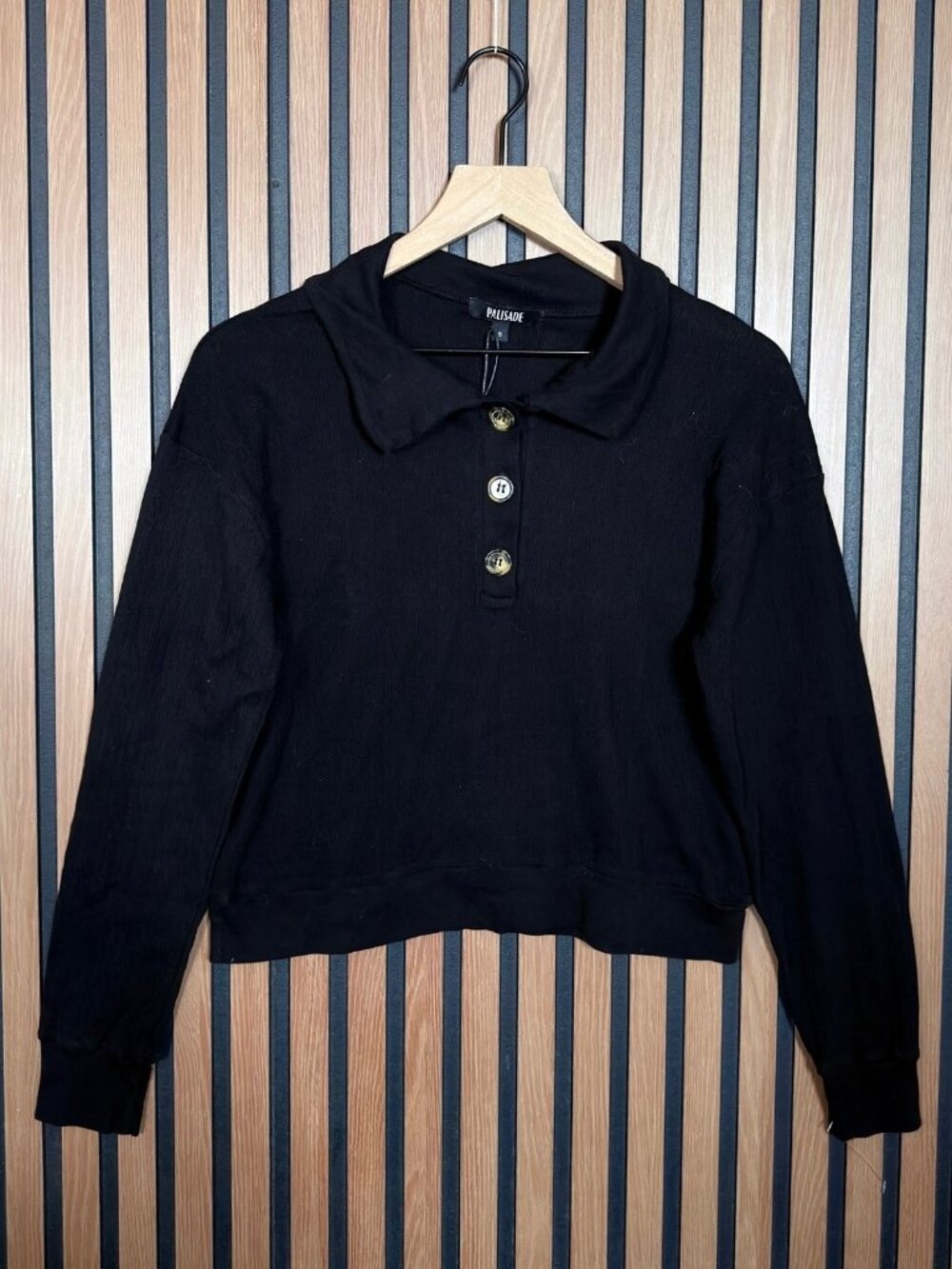 New Palisade Knitted Sweatshirt Small Womens Black Collared 3 Button